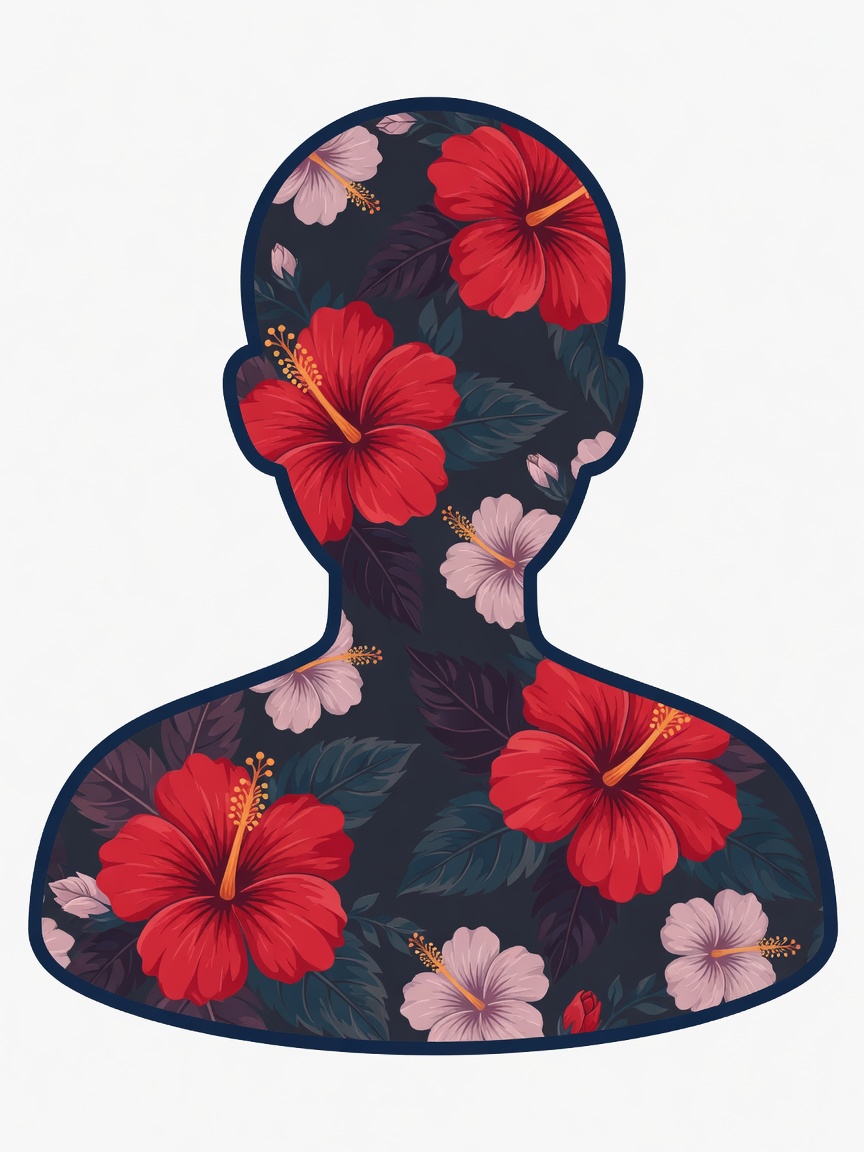 Original waitlist badge: hibiscus-pattern silhouette
